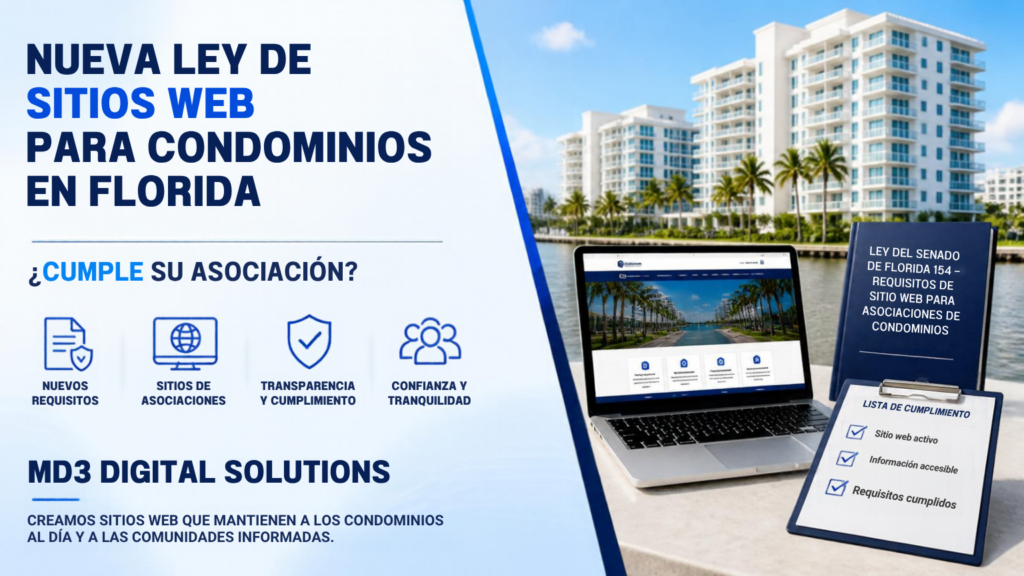 Banner de MD3 Digital Solutions sobre la nueva ley de sitios web para condominios en Florida, con edificios de condominios, una laptop y una lista de cumplimiento