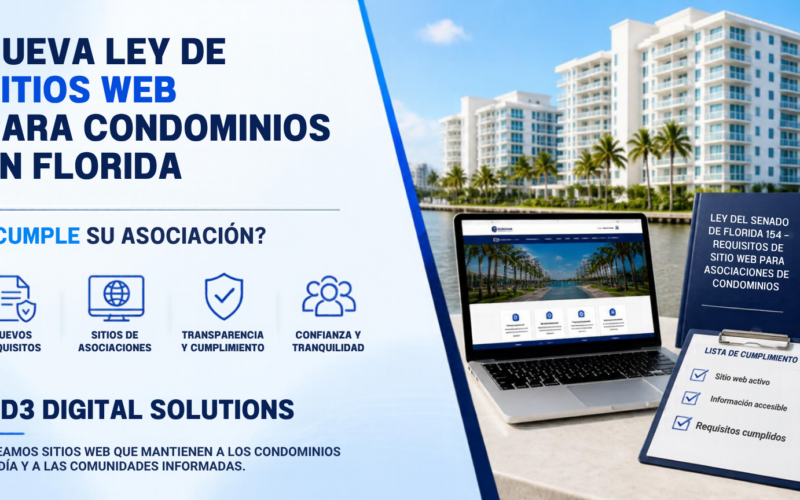 Banner de MD3 Digital Solutions sobre la nueva ley de sitios web para condominios en Florida, con edificios de condominios, una laptop y una lista de cumplimiento